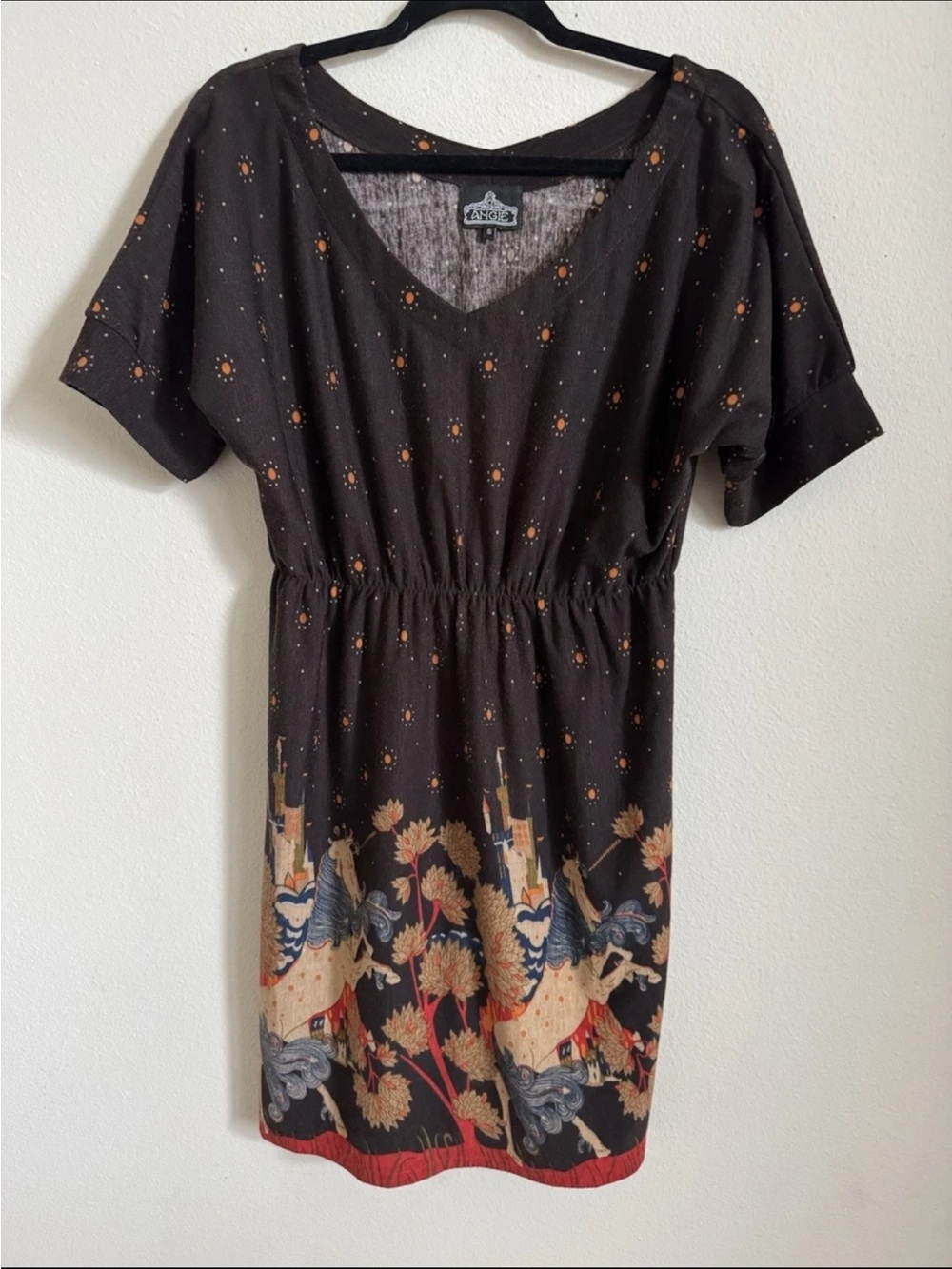 Angie Vintage Boho Brown Unicorn Castle Batwing Dress S